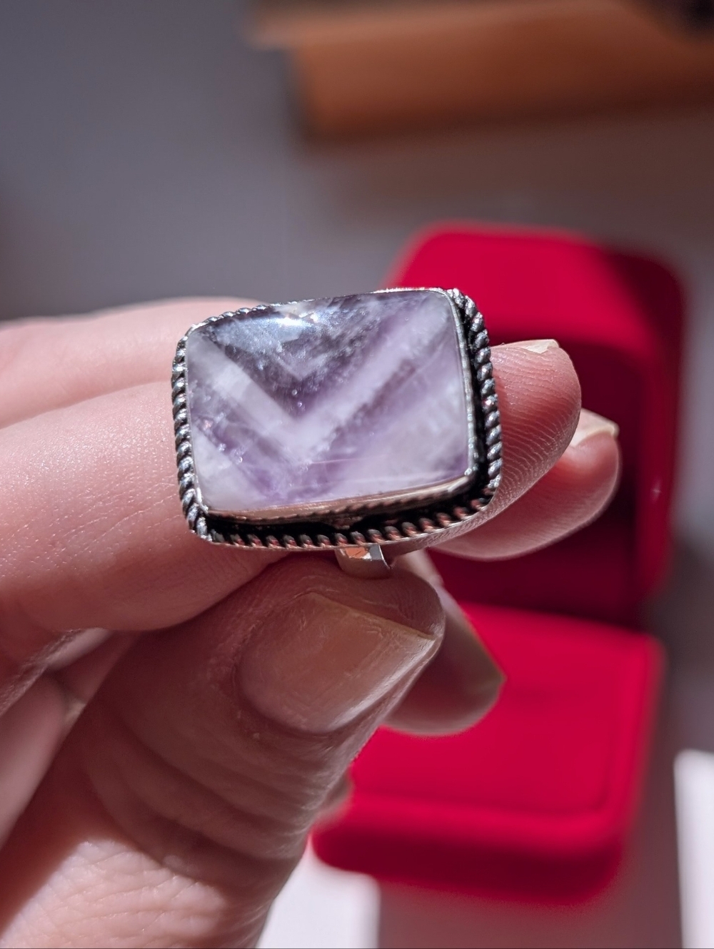 Vintage Handcrafted Sterling Silver Chevron Amethyst  Statement Ring  Size 6